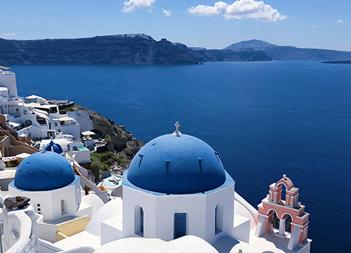two famous blue domes in santorini